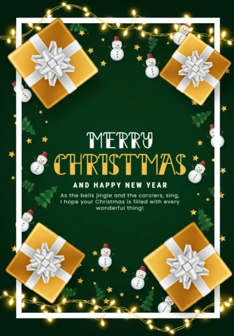Tarjeta de Navidad y Año Nuevo diseño elegante en verde con decoraciones estacionales