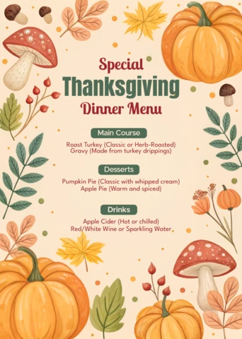Plantilla de diseño de menú de Acción de Gracias con calabazas y hojas de otoño para celebraciones festivas.
