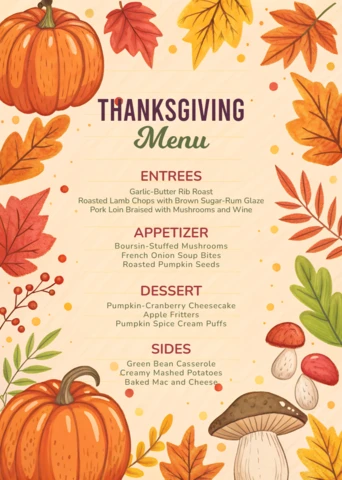 Thanksgiving Menu Design Template with Autumn Leaves and Pumpkins for Festive Events