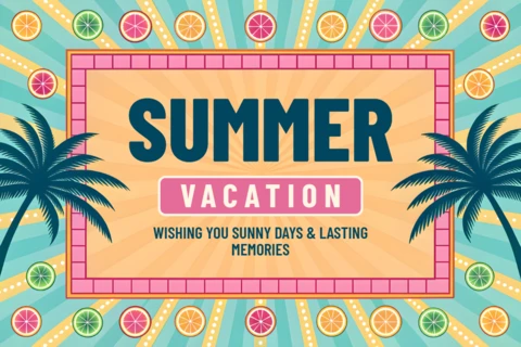 Summer Vacation Design Template with Palm Trees and Citrus Fruits