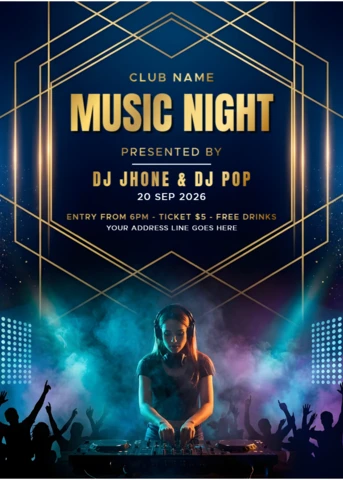 Modelo de flyer para festa noturna de música DJ de luxo com moldura geométrica dourada, evento de clube e luzes do palco do concerto