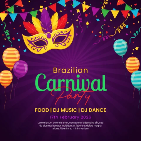 Brazilian Carnival Party Poster Deep Purple Radial Background with Colorful Pennant Banners, Balloons, Feathers & Decorative Mask