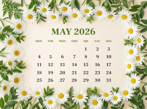 Poster del calendario di maggio 2026 - design primaverile fresco con margherite bianche e foglie verdi