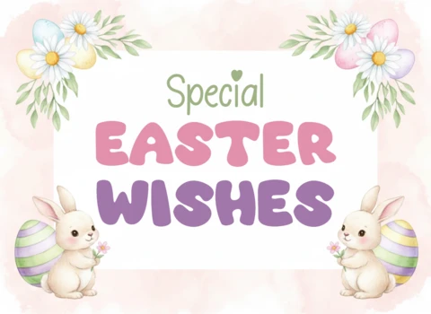 Special Easter Wishes Poster – Pastel Watercolor Bunnies, Eggs & Floral Design