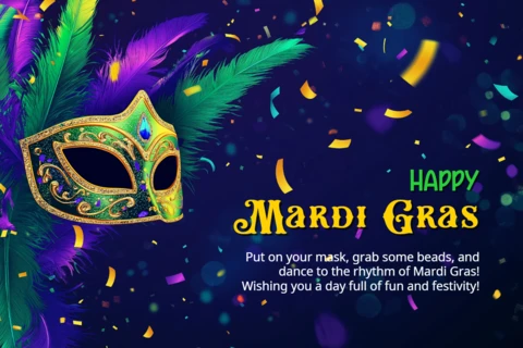 2025 Festive Mardi Gras Celebration Poster with Vibrant Mask and Confetti