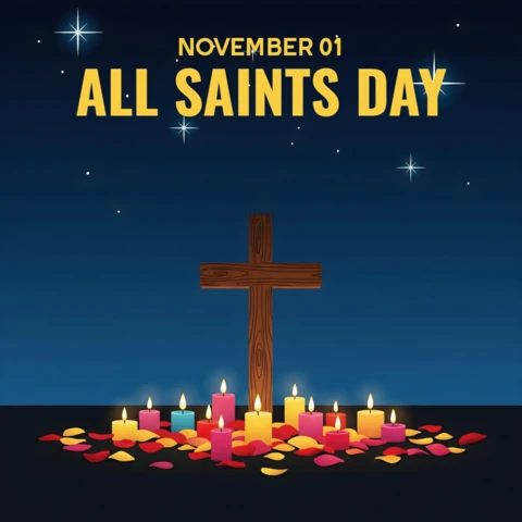 Cruz de madera con velas coloridas y pétalos bajo un cielo estrellado, plantilla para el diseño de tarjetas de felicitación del Día de Todos los Santos.