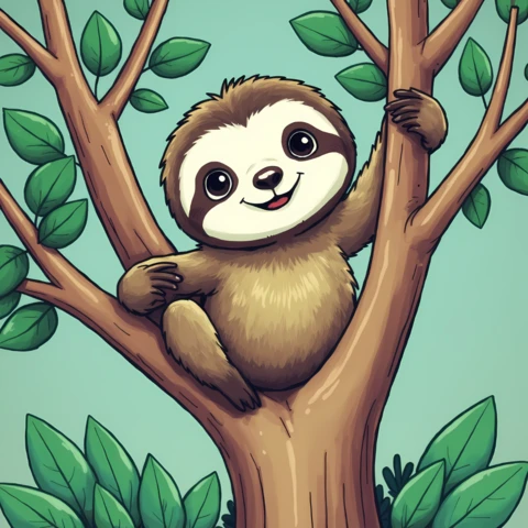 Adorable Sloth in Tree: Cute Animal Illustration Template for Kids' Designs
