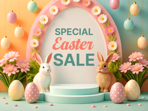 Spring-Themed Easter Sale Design Template with Bunnies and Floral Elements