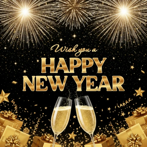 New Year 2026 Card Festive Layout with Champagne Clink, Firework Burst, and Golden Accents