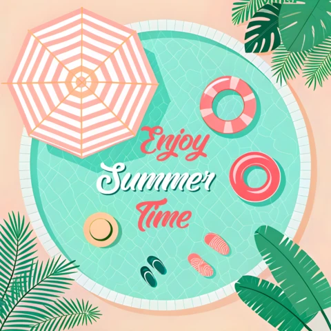 Summer Pool Party Design Template with Umbrella and Tropical Elements for Greeting Card