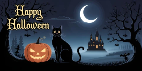 Template de couverture YouTube pour Halloween avec un chat noir, un château hanté, une lune croissante et une citrouille lumineuse.