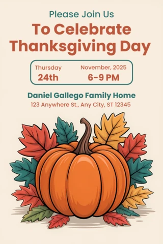 Thanksgiving Pumpkin Invitation Template with Autumn Leaves Design