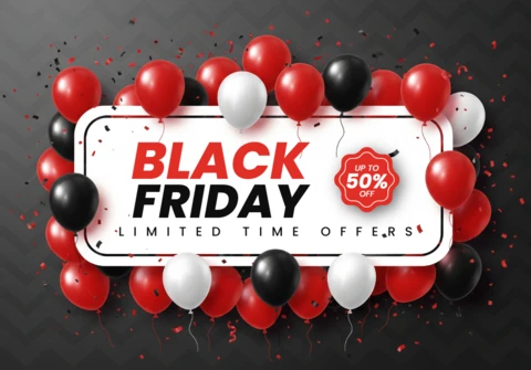 Promotion du Black Friday avec des ballons rouges, noirs et blancs sur un fond chevron et des accents de confettis, modèle de design pour des flyers promotionnels.