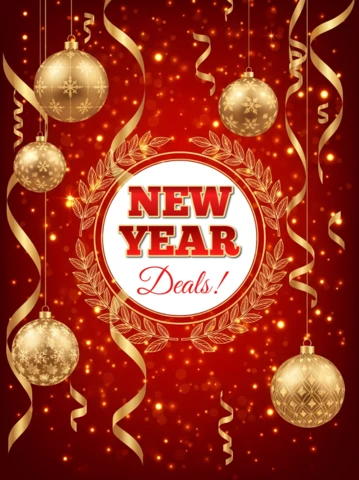 Plantilla de ofertas de año nuevo elegante con adornos dorados para promociones navideñas