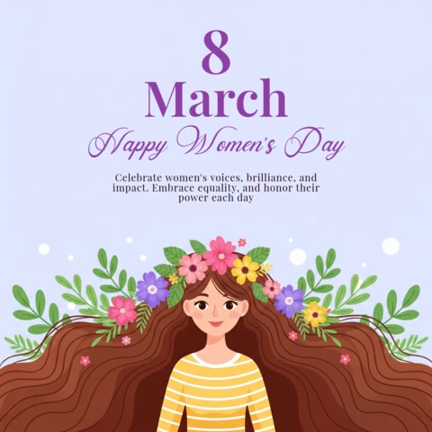 Affiche de la journée internationale des femmes avec illustration de femme, couronne florale et fond violet clair.