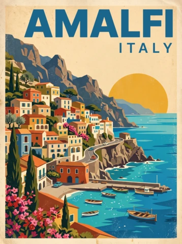 Amalfi Italy Mediterranean Coast Vintage Retro Travel Poster Dramatic Cliffs Colorful Buildings Boats Sunset Ocean Design
