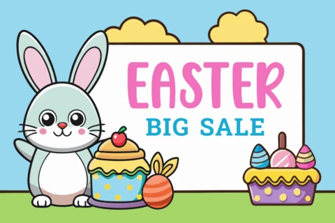 Colorida plantilla de diseño de venta de Pascua con lindo conejito y golosinas festivas