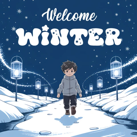 Winter Wonderland Design Template for Greeting Cards Featuring a Boy in a Snowy Landscape