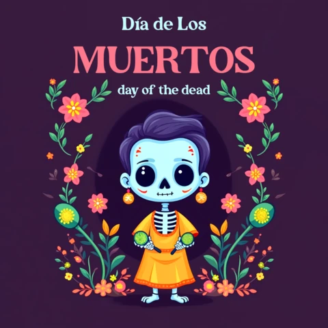 Day of The Dead Design Template with Skeleton Character and Floral Elements for Greeting Cards