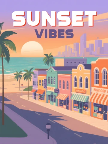 Ambiance de coucher de soleil et façades colorées design pour modèle d'affiches rétro.