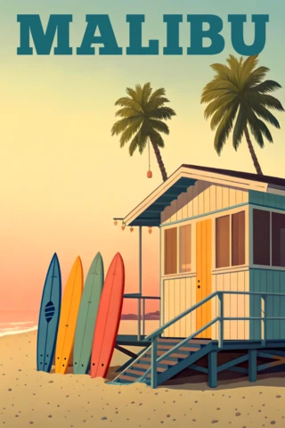 Retro Beach House Design Template with Surfboards for Summer Posters