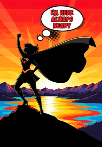 Always Ready Superhero Silhouette On Mountain with Sunset Reflection Poster Design Template