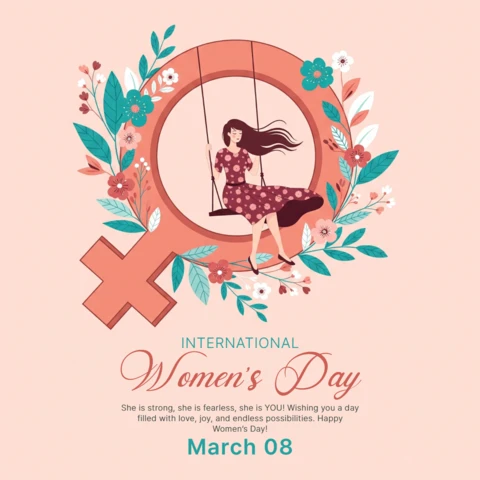 Happy International Women’s Day Poster Template with Woman On Swing, Venus Symbol, and Inspirational Quote