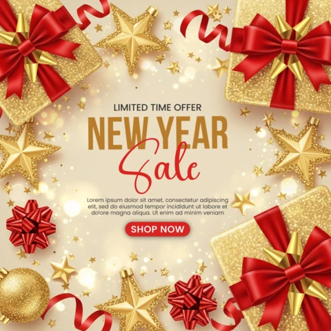 New Year Shopping Poster 2026 Sale Design with Golden Stars, Red Bows, and Elegant Celebration Spark