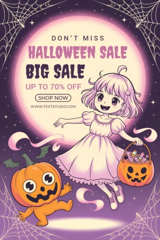 Whimsical Halloween Sale Template with Cute Manga Character and Pumpkins for Flyers
