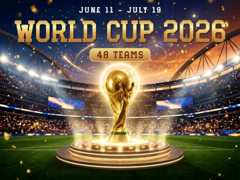 2026年FIFAワールドカップ公式スタイルポスター、金のトロフィー、サッカースタジアム、チャンピオンシップの栄光