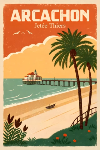 Vintage Arcachon Beach Design Template with Palm Trees for Travel Poster