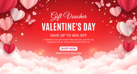 Modelo de voucher de presente romântico para o dia dos namorados com balões em forma de coração, nuvens rosas e fundo festivo.