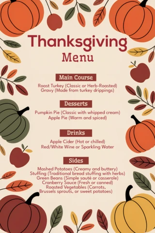 Autumn Harvest Menu Design Template with Pumpkins for Thanksgiving Celebration