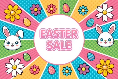 Colorida plantilla de diseño de venta de Pascua con lindos conejitos y flores