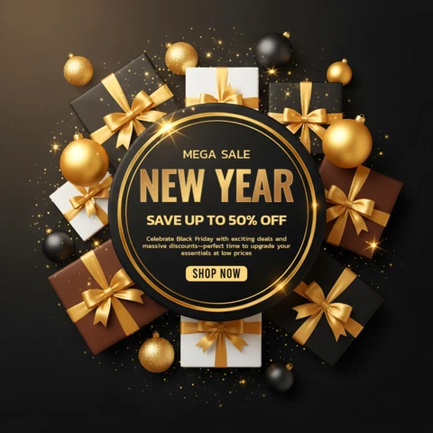 Neujahrsverkaufsdesignvorlage mit Geschenkkisten für Werbeflyer