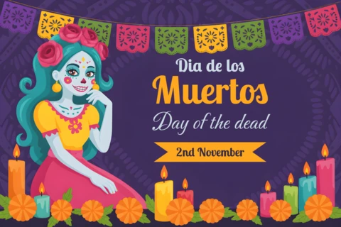 Dia De Los Muertos Design Template for Festive Greeting Cards with Colorful Skulls and Candles
