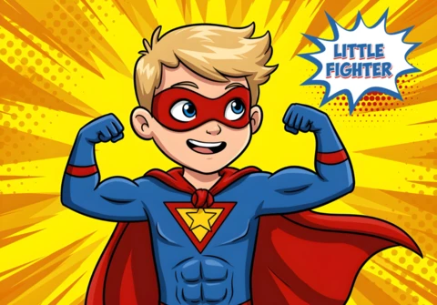 Little Fighter Cartoon Superhero Flexing with Star Emblem & Yellow Comic Poster Design Template