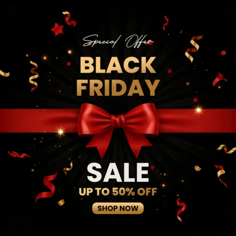 Black Friday Sale Design Template with Red Ribbon and Festive Elements for Promotional Flyers