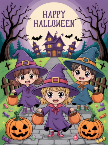 Playful Chibi Halloween Design with Kids in Costumes for Greeting Cards Template
