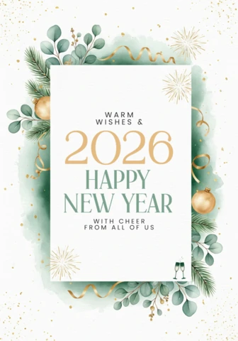 New Year Greeting Template Festive 2026 Design with Fireworks, Ribbon Curls, and Elegant Typography