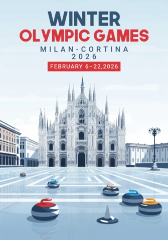 Póster de los Juegos Olímpicos de Invierno Milán-Cortina 2026, piedras de curling sobre hielo con la catedral de Milán y una plaza nevada.