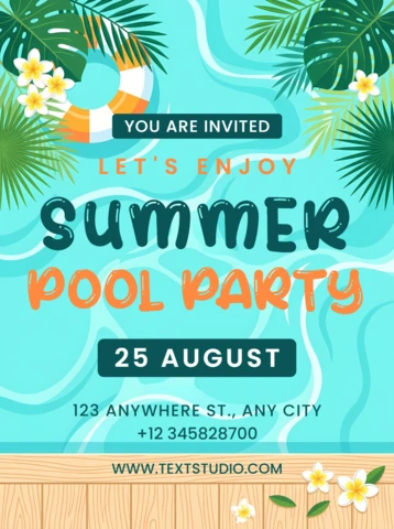 Summer Pool Party Invitation Flyer Template with Tropical Palm Leaves and Floating Ring Decorations