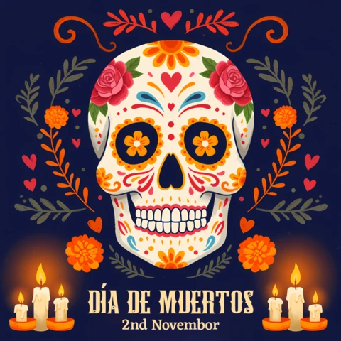 Colorful Día De Muertos Skull Design Template for Posters