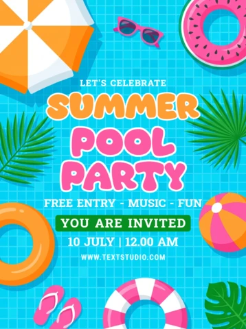 Colorful Summer Pool Party Invitation Flyer with Beach Accessories and Tropical Palm Leaves