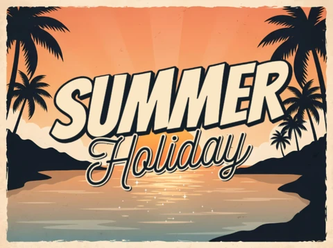Tarjeta de felicitación de vacaciones de verano retro con playa tropical, palmeras y paisaje al atardecer