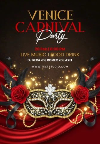 Elegantes Venedig Karnevalsparty-Poster mit einer kunstvollen Maskerade-Maske, roten Rosen und Federn auf dramatischem roten Drapierung.