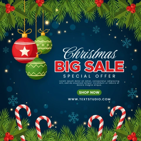 Feestelijke kerstpromotie poster sjabloon met hangende ornamenten, sneeuwvlokken en speciale aanbieding