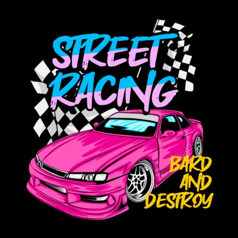 Street Racing Pink Sports Car & Checkered Flag Graphic for Speed Culture T-Shirt Design Template