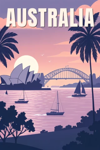 Plantilla de diseño paisajístico de Australia con la ópera de Sídney y veleros para carteles de viaje.