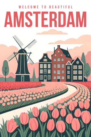 Ilustración floral de Ámsterdam para plantilla de carteles de viaje retro en formato plano